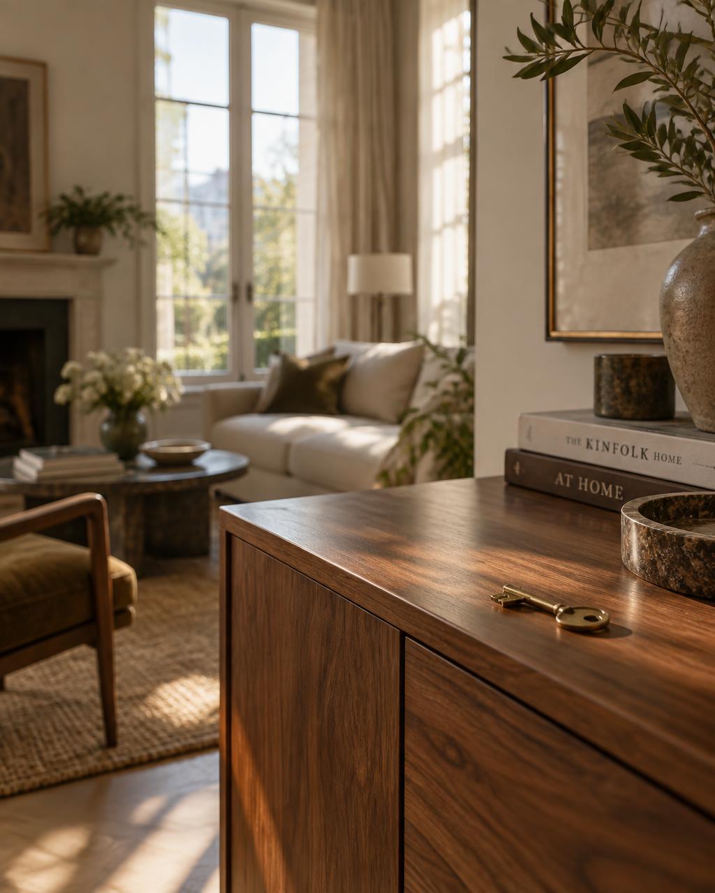 A sunlit living room with warm timber, linen seating and tall windows
