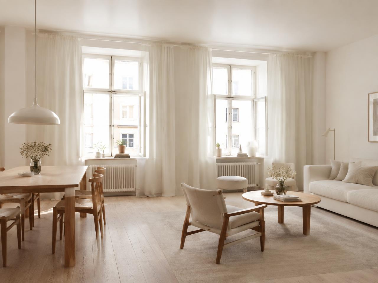 Sample Home No. 2 — A light upper-floor residence used to demonstrate the listing layout: whitewashed walls, o